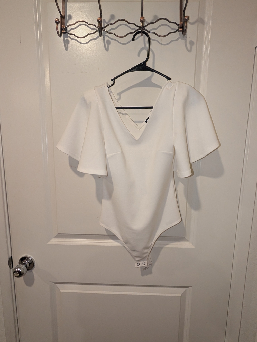 Women's White Ivory Bodysuit Blouse Business Casual V-neck with Flutter Sleeves